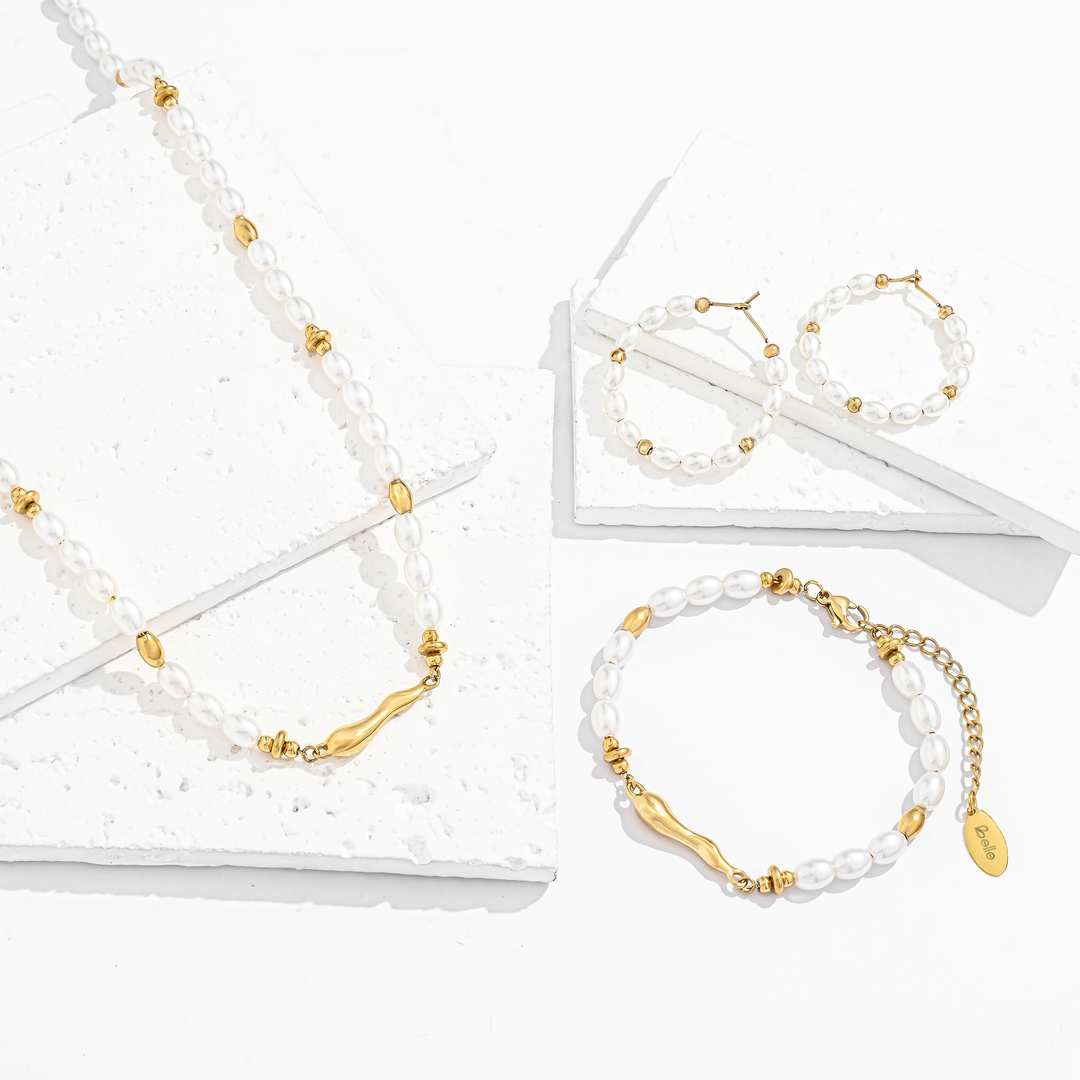 Set Acero Brillo y Perlas