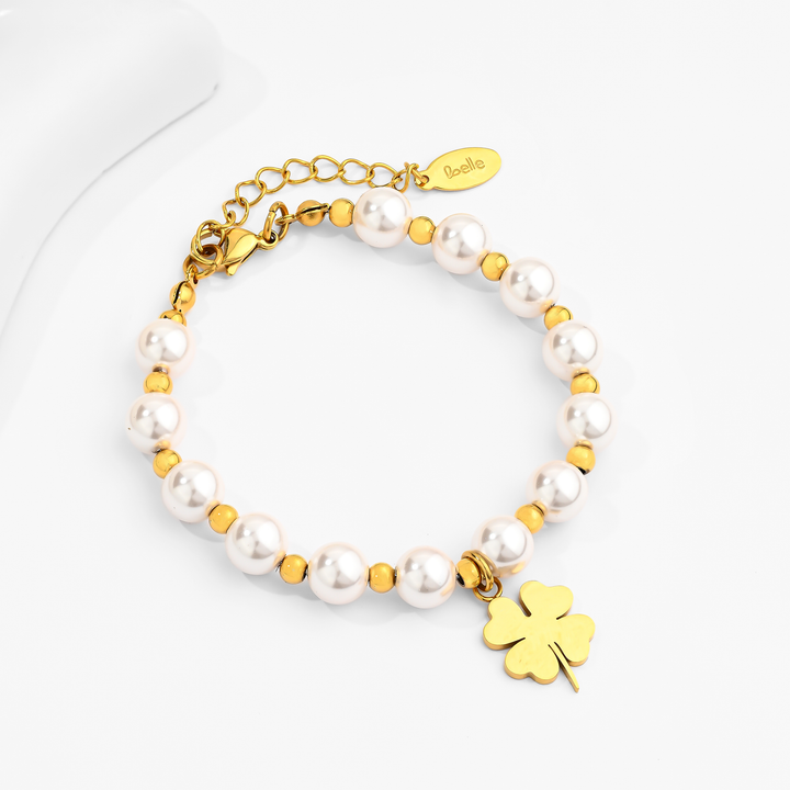 Pulsera Acero en Baño de Oro Blanco Trébol
