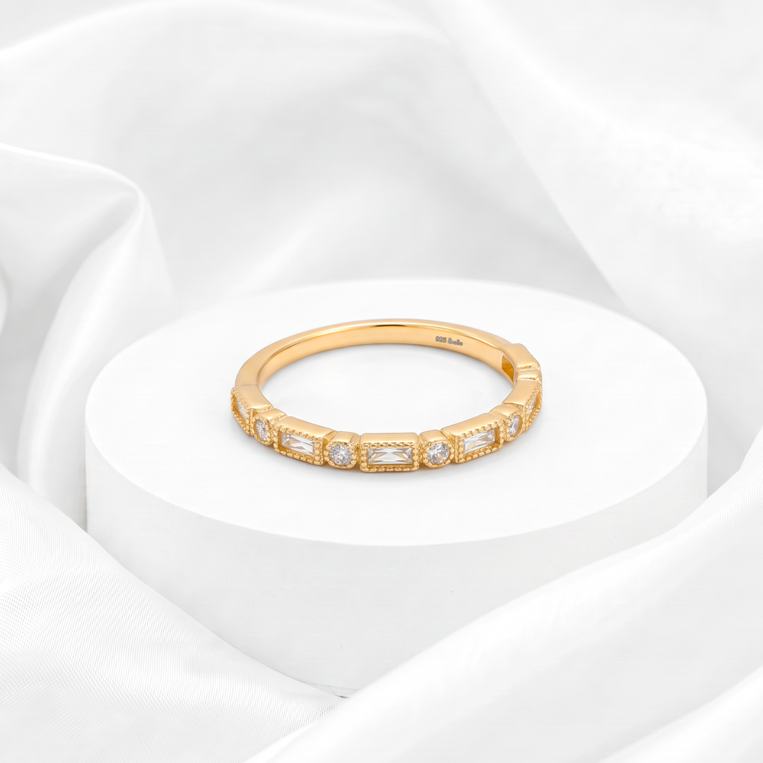 Churumbela Art Déco alternada en corte baguette y redondo con circonias para mujer marca Belle en plata 925 bañada en oro de 18k.