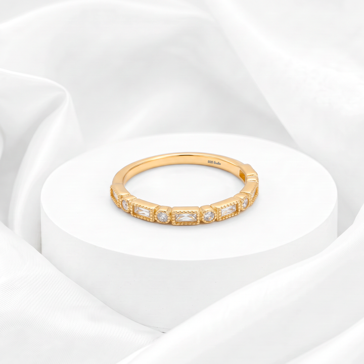 Churumbela Art Déco alternada en corte baguette y redondo con circonias para mujer marca Belle en plata 925 bañada en oro de 18k.