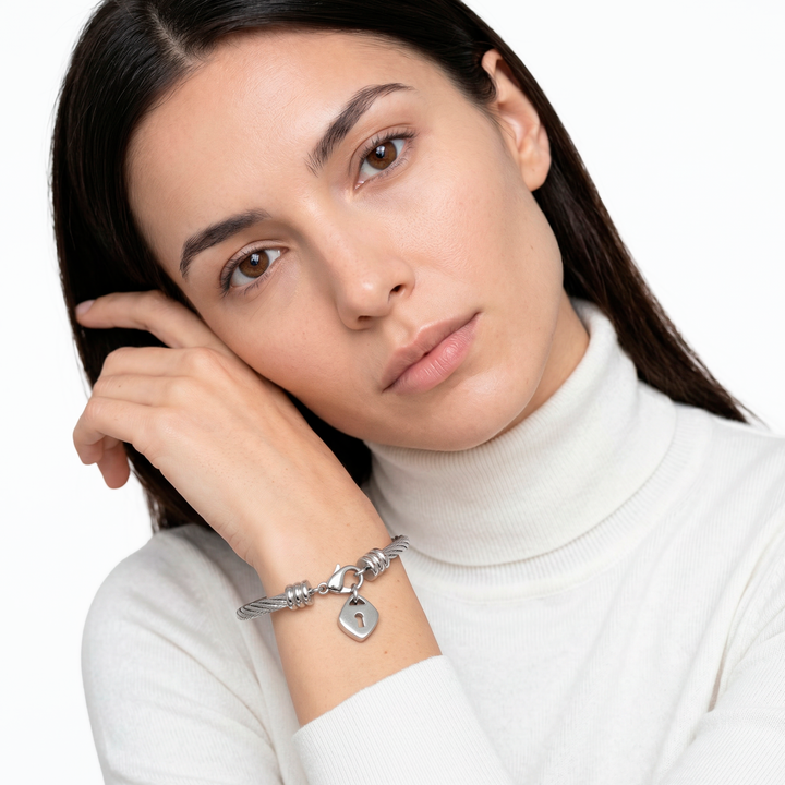 Pulsera Acero en Baño de Oro Blanco En tú Corazón