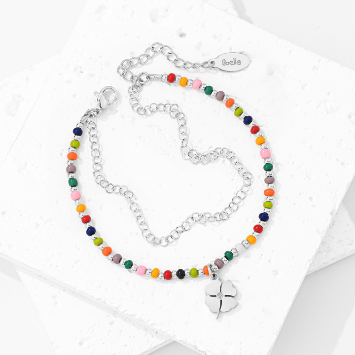 Pulsera Acero en Baño de Oro Blanco Trébol de Colores