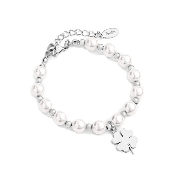 Pulsera Acero en Baño de Oro Blanco Trébol