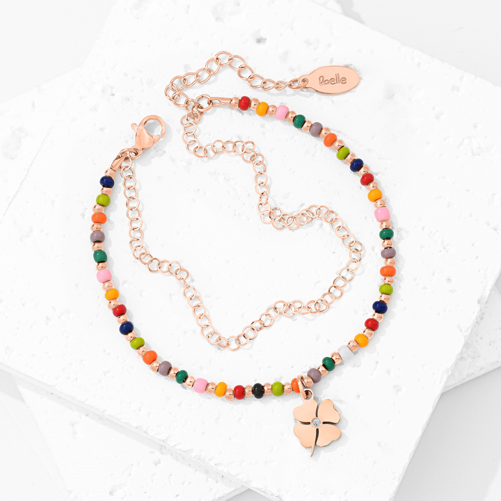 Pulsera Acero en Baño de Oro Blanco Trébol de Colores